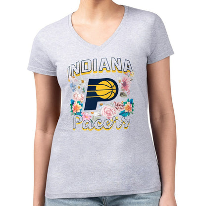 Indiana Pacers G-III 4Her by Carl Banks Women's Super-Slim Fit Lightweight Flowers Team Logo Graphic V-Neck T-Shirt - Heather Gray cheap