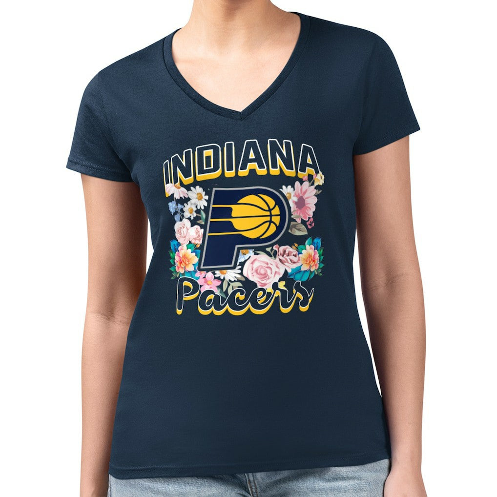 Indiana Pacers G-III 4Her by Carl Banks Women's Super-Slim Fit Lightweight Flowers Team Logo Graphic V-Neck T-Shirt - Navy cheap