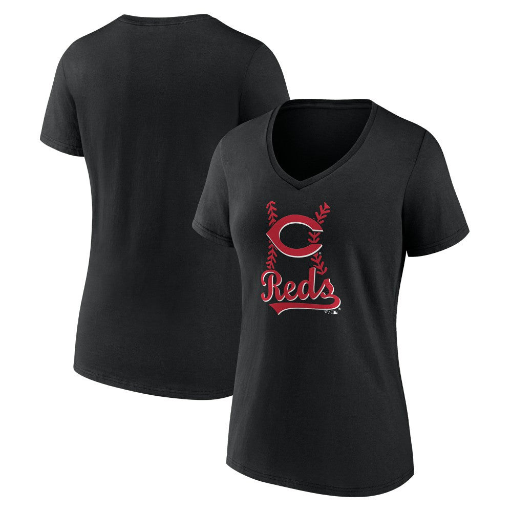 Cincinnati Reds Women's Fastball V-Neck T-Shirt - Black