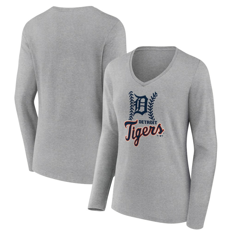 Detroit Tigers Women's Fastball Long Sleeve V-Neck T-Shirt - Gray