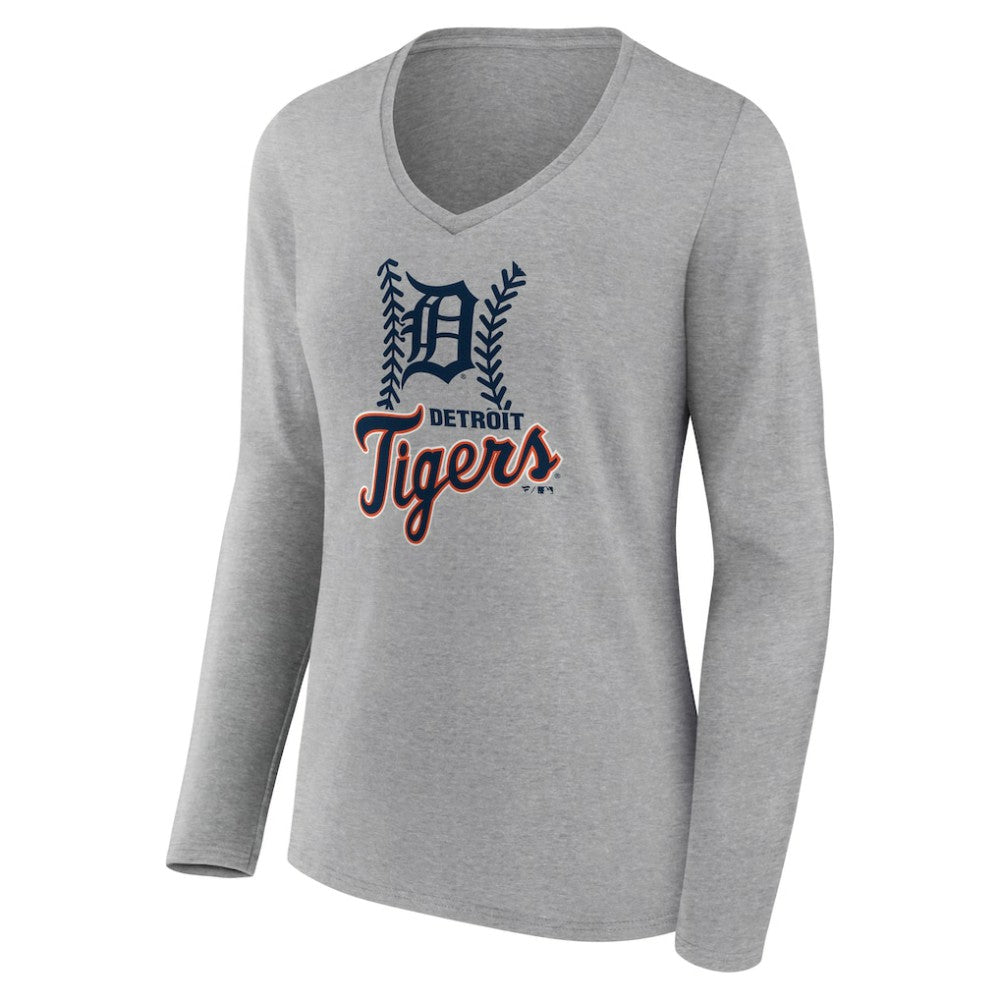 Detroit Tigers Women's Fastball Long Sleeve V-Neck T-Shirt - Gray