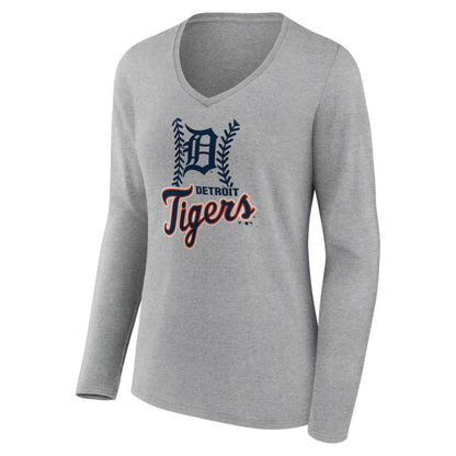 Detroit Tigers Women's Fastball Long Sleeve V-Neck T-Shirt - Gray
