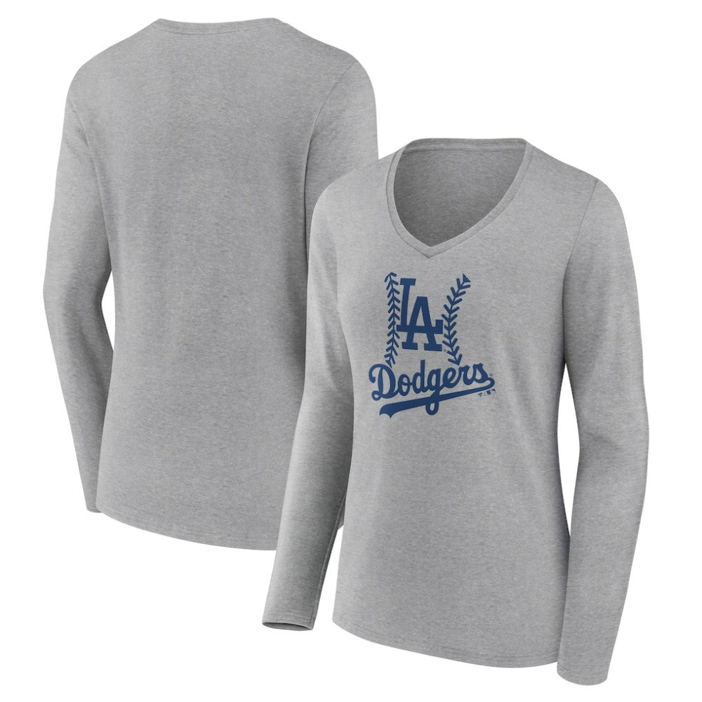 Los Angeles Dodgers Women's Fastball Long Sleeve V-Neck T-Shirt - Gray