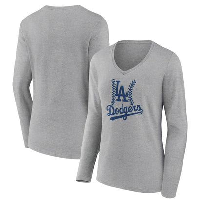 Los Angeles Dodgers Women's Fastball Long Sleeve V-Neck T-Shirt - Gray