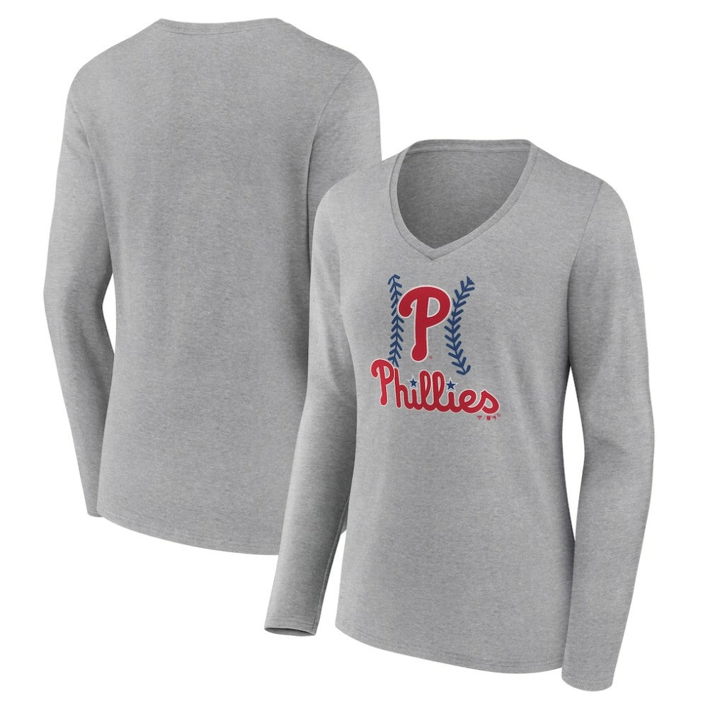 Philadelphia Phillies Women's Fastball Long Sleeve V-Neck T-Shirt - Gray