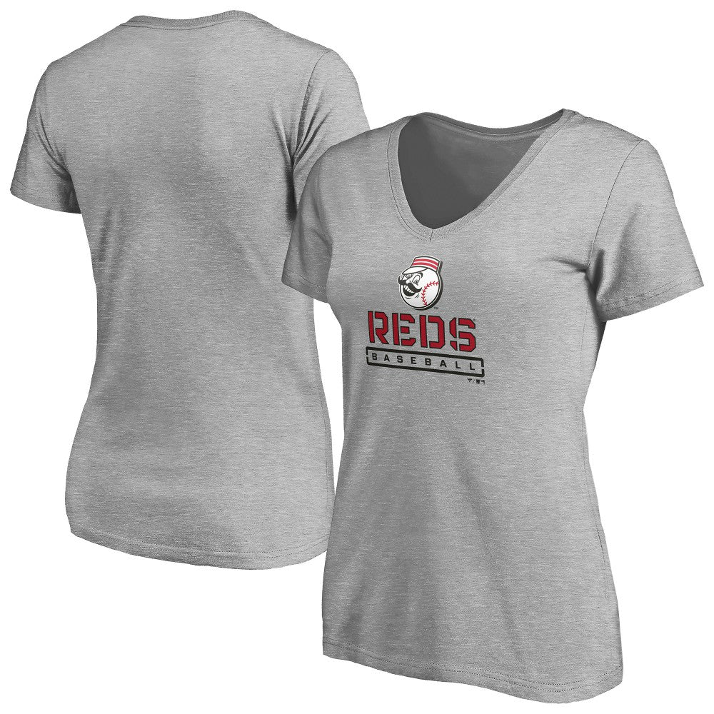Cincinnati Reds Women's Evanston Stencil V-Neck T-Shirt - Gray