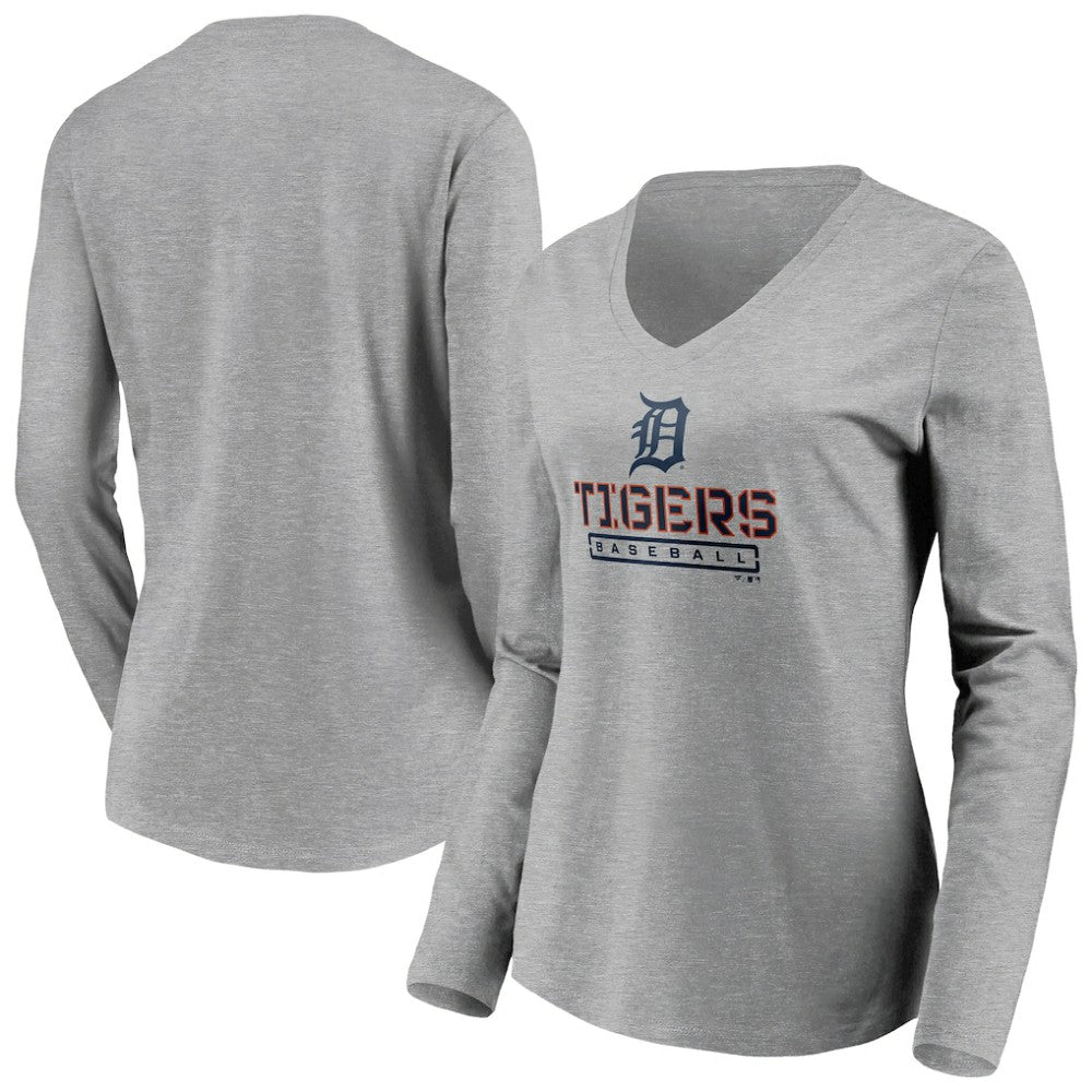 Detroit Tigers Women's Evanston Stencil Long Sleeve V-Neck T-Shirt - Gray