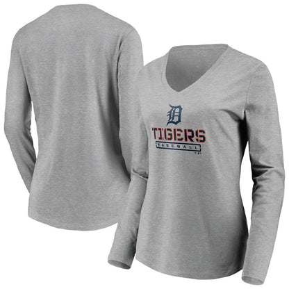 Detroit Tigers Women's Evanston Stencil Long Sleeve V-Neck T-Shirt - Gray