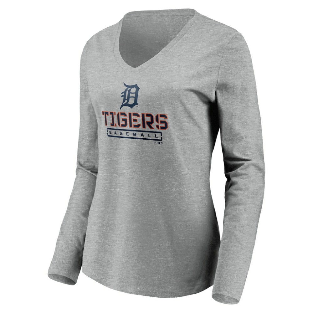 Detroit Tigers Women's Evanston Stencil Long Sleeve V-Neck T-Shirt - Gray