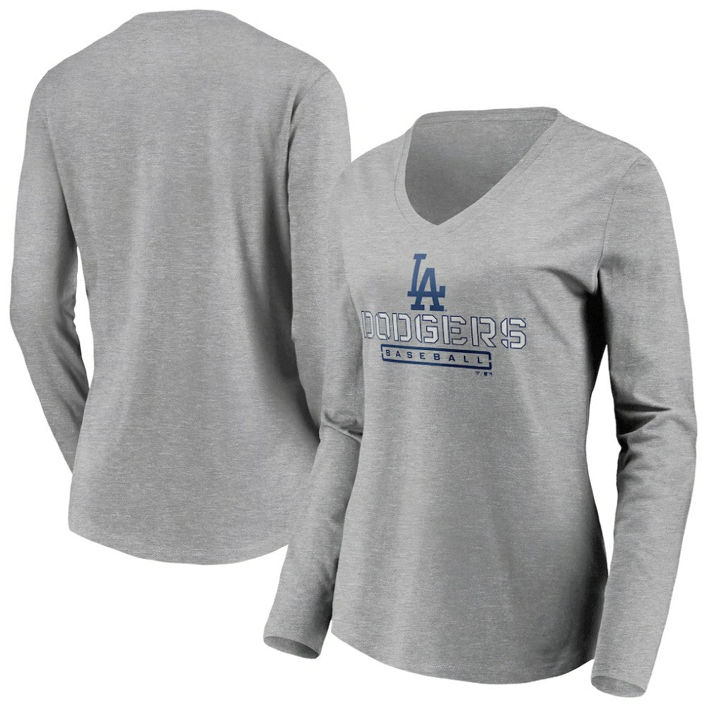 Los Angeles Dodgers Women's Evanston Stencil Long Sleeve V-Neck T-Shirt - Gray