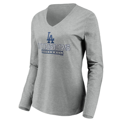 Los Angeles Dodgers Women's Evanston Stencil Long Sleeve V-Neck T-Shirt - Gray