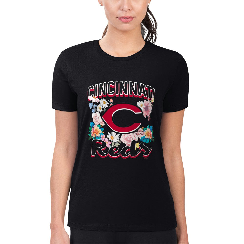 Cincinnati Reds G-III 4Her by Carl Banks Women's Super-Slim Fit Lightweight Flowers Graphic T-Shirt - Black