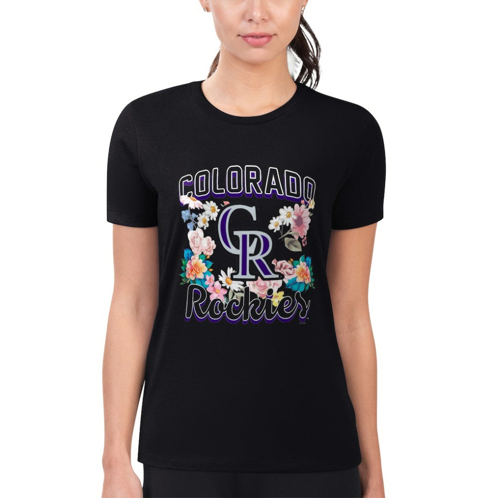 Colorado Rockies G-III 4Her by Carl Banks Women's Super-Slim Fit Lightweight Flowers Graphic T-Shirt - Black