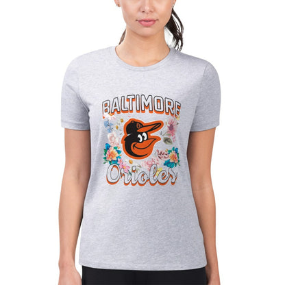 Baltimore Orioles G-III 4Her by Carl Banks Women's Super-Slim Fit Lightweight Flowers Graphic T-Shirt - Heather Gray