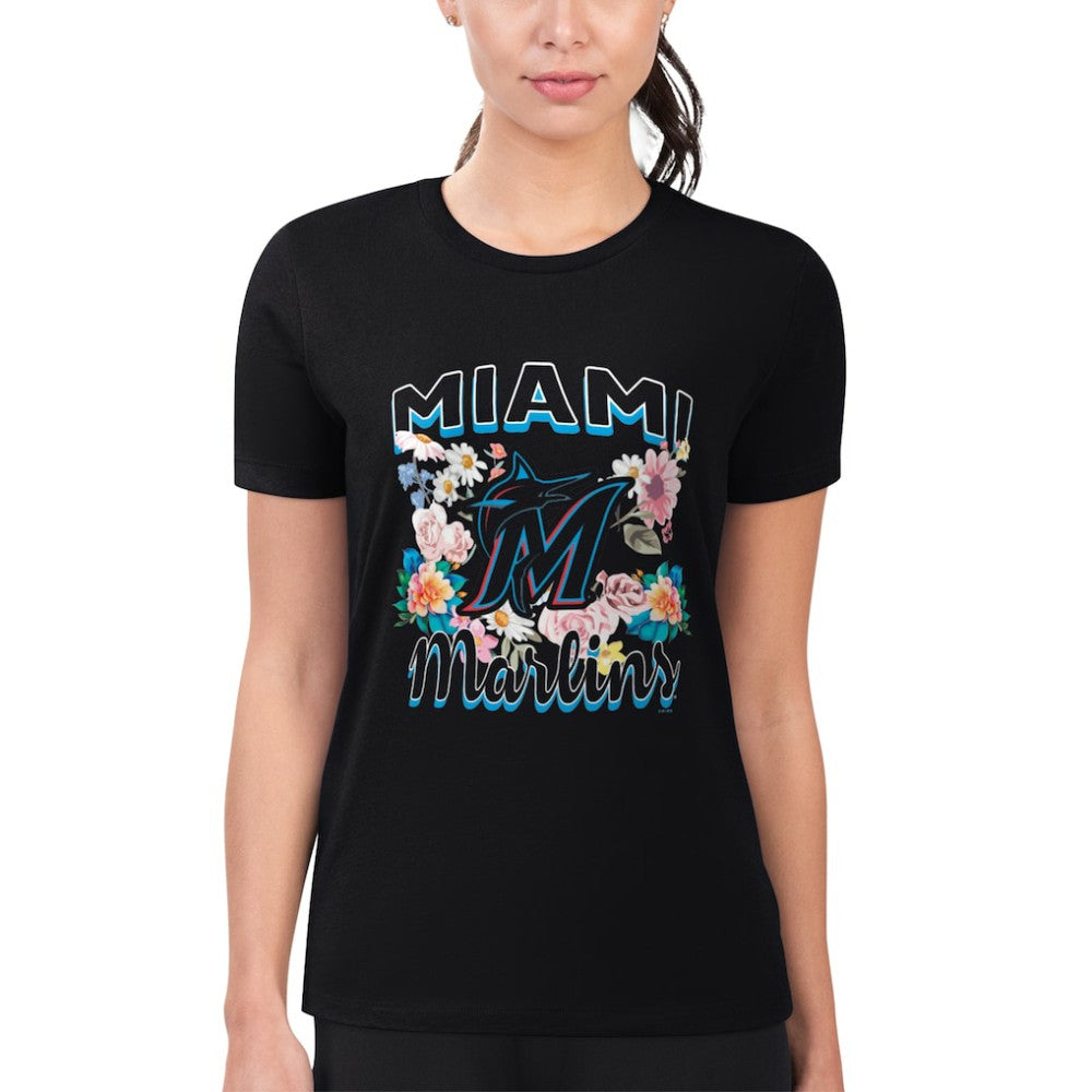 Miami Marlins G-III 4Her by Carl Banks Women's Super-Slim Fit Lightweight Flowers Graphic T-Shirt - Black