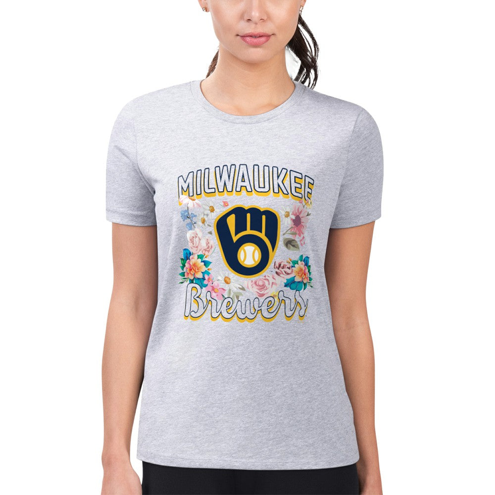 Milwaukee Brewers G-III 4Her by Carl Banks Women's Super-Slim Fit Lightweight Flowers Graphic T-Shirt - Heather Gray