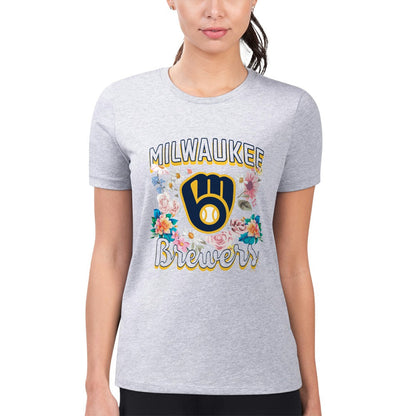 Milwaukee Brewers G-III 4Her by Carl Banks Women's Super-Slim Fit Lightweight Flowers Graphic T-Shirt - Heather Gray