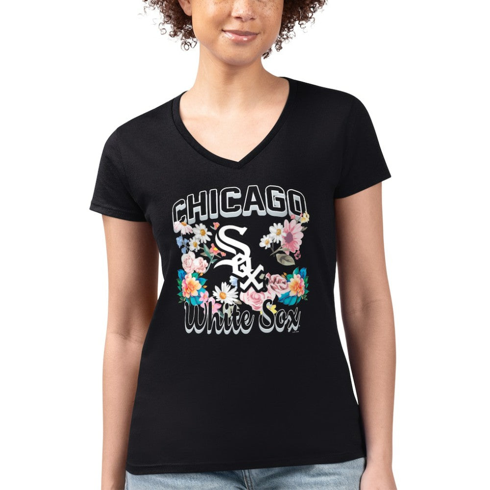 Chicago White Sox G-III 4Her by Carl Banks Women's Super-Slim Fit Lightweight Flowers Graphic V-Neck T-Shirt - Black