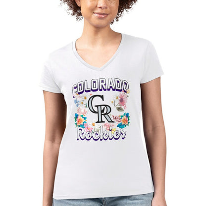 Colorado Rockies G-III 4Her by Carl Banks Women's Super-Slim Fit Lightweight Flowers Graphic V-Neck T-Shirt - White
