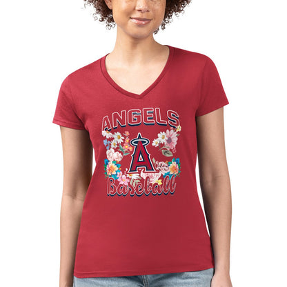 Los Angeles Angels G-III 4Her by Carl Banks Women's Super-Slim Fit Lightweight Flowers Graphic V-Neck T-Shirt - Red