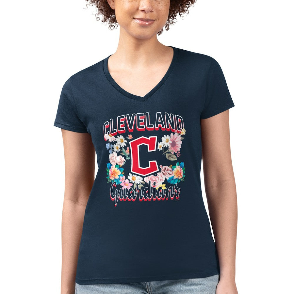 Cleveland Guardians G-III 4Her by Carl Banks Women's Super-Slim Fit Lightweight Flowers Graphic V-Neck T-Shirt - Navy