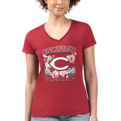 Cincinnati Reds G-III 4Her by Carl Banks Women's Super-Slim Fit Lightweight Flowers Graphic V-Neck T-Shirt - Red