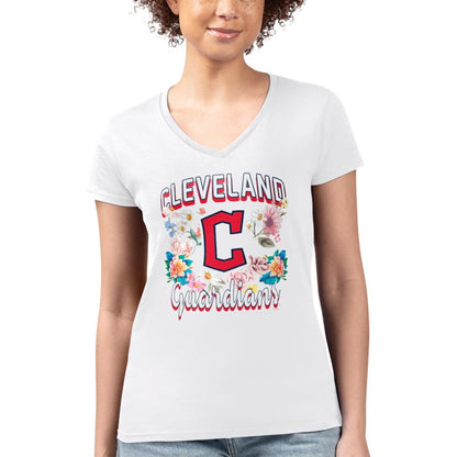 Cleveland Guardians G-III 4Her by Carl Banks Women's Super-Slim Fit Lightweight Flowers Graphic V-Neck T-Shirt - White