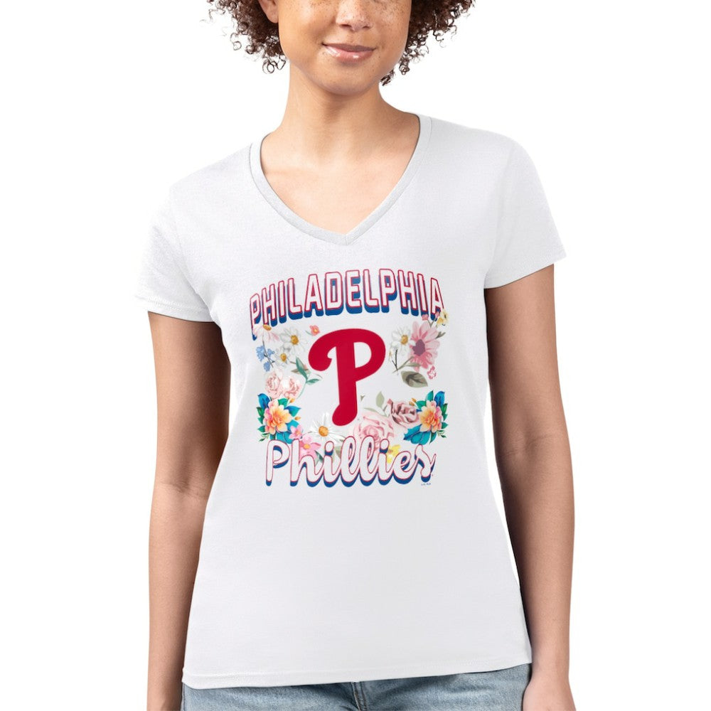 Philadelphia Phillies G-III 4Her by Carl Banks Women's Super-Slim Fit Lightweight Flowers Graphic V-Neck T-Shirt - White