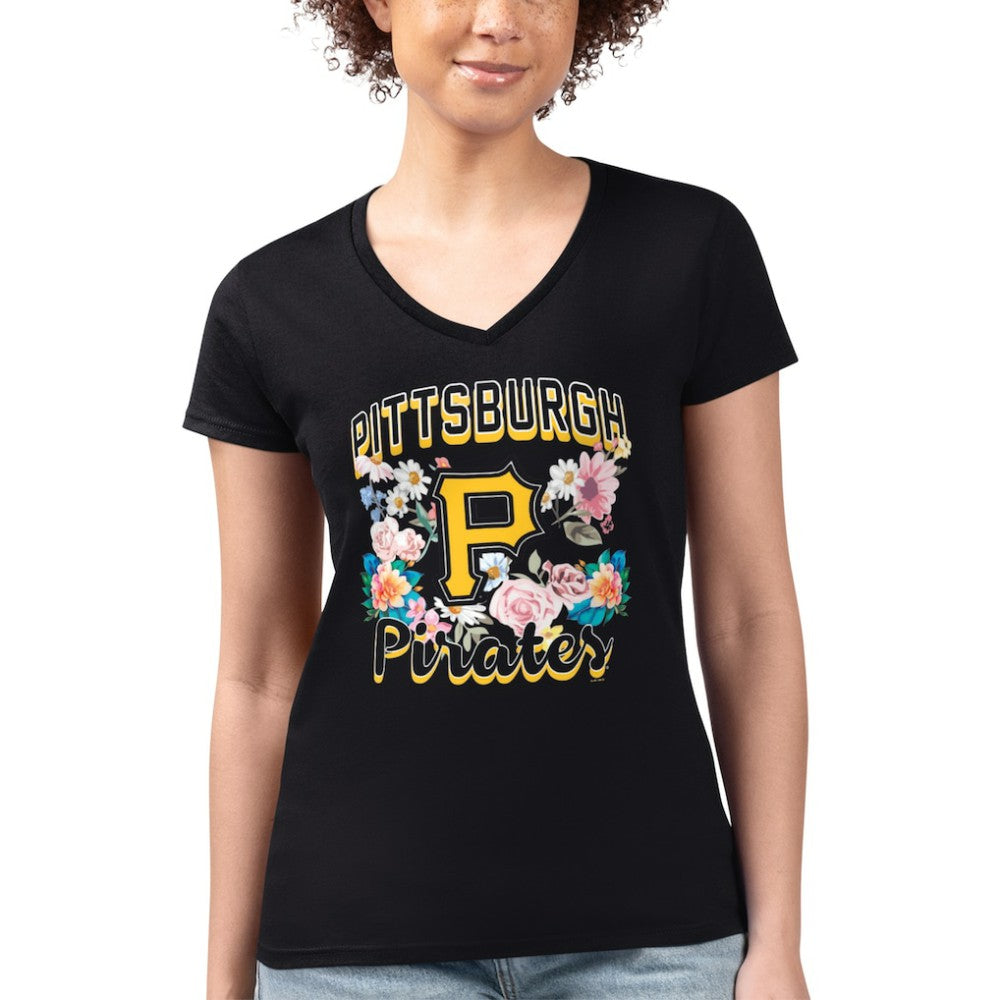 Pittsburgh Pirates G-III 4Her by Carl Banks Women's Super-Slim Fit Lightweight Flowers Graphic V-Neck T-Shirt - Black