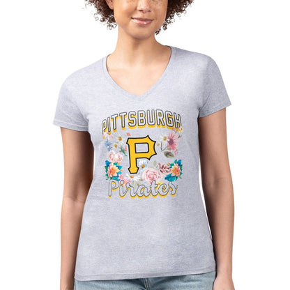 Pittsburgh Pirates G-III 4Her by Carl Banks Women's Super-Slim Fit Lightweight Flowers Graphic V-Neck T-Shirt - Heather Gray