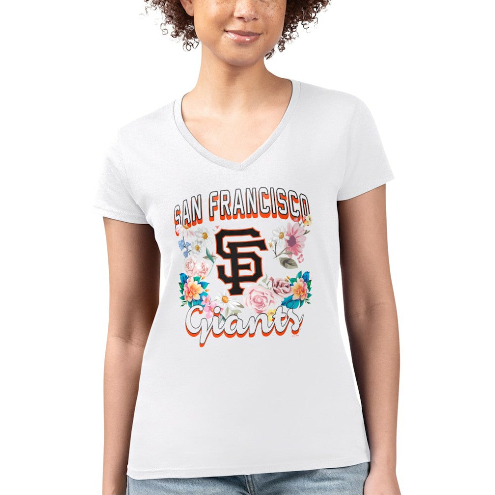 San Francisco Giants G-III 4Her by Carl Banks Women's Super-Slim Fit Lightweight Flowers Graphic V-Neck T-Shirt - White