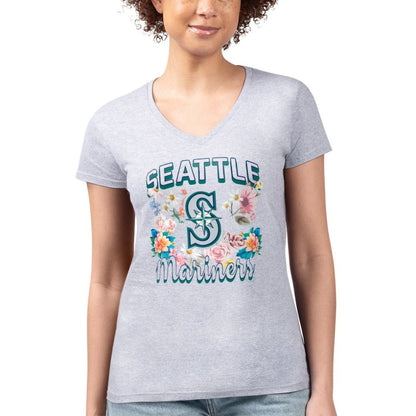 Seattle Mariners G-III 4Her by Carl Banks Women's Super-Slim Fit Lightweight Flowers Graphic V-Neck T-Shirt - Heather Gray