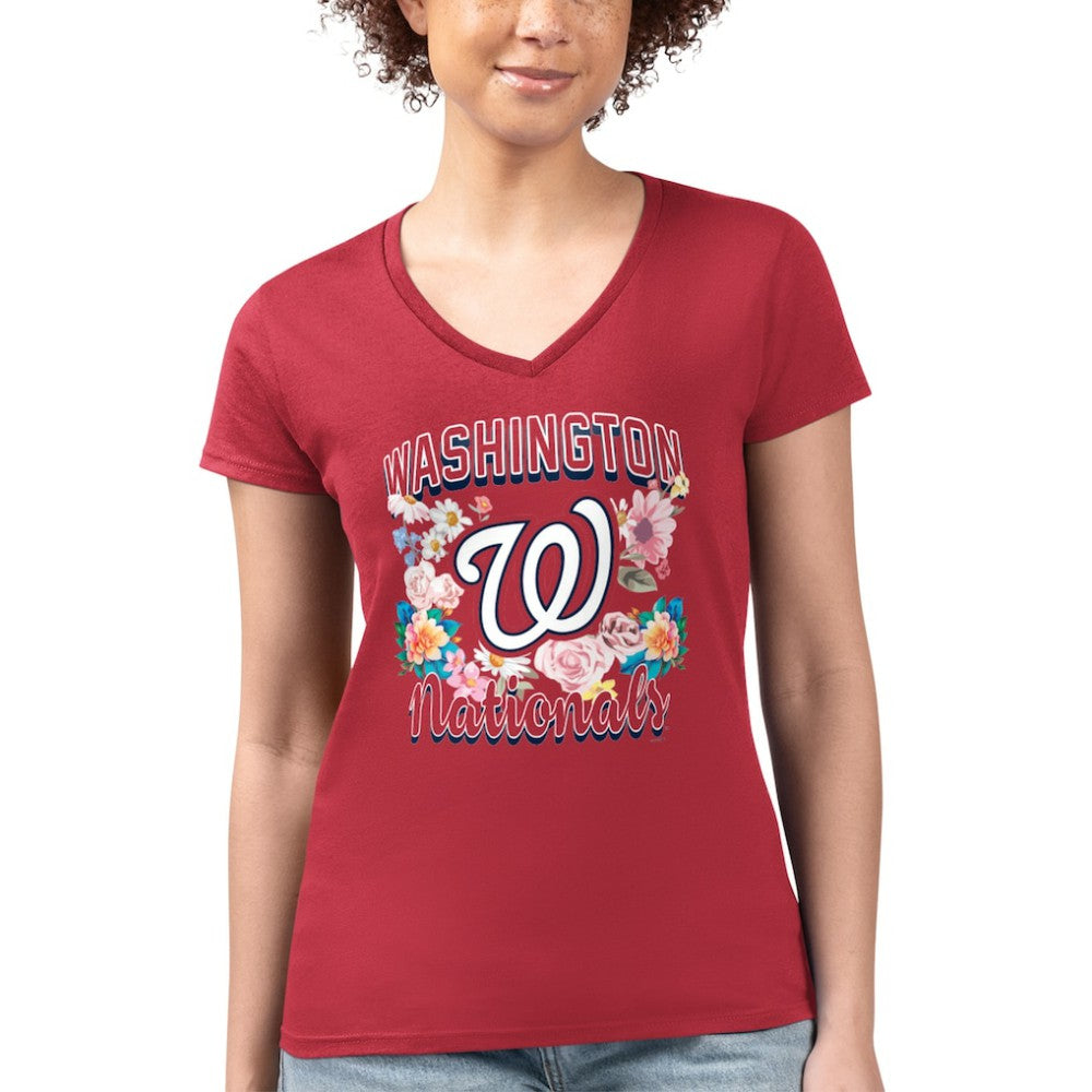 Washington Nationals G-III 4Her by Carl Banks Women's Super-Slim Fit Lightweight Flowers Graphic V-Neck T-Shirt - Red