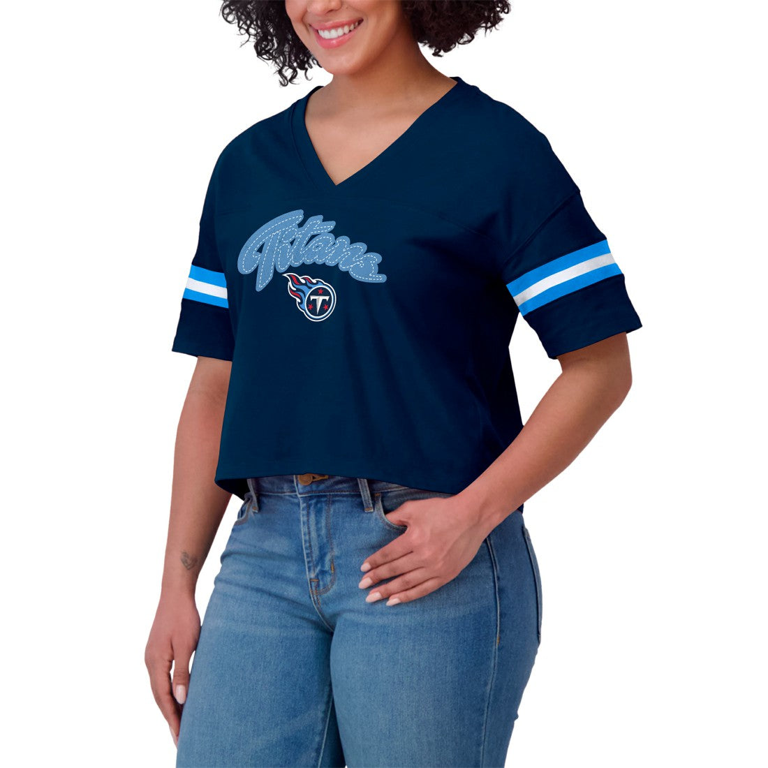 Tennessee Titans WEAR by Erin Andrews Women's Plus Size Color Block Boxy T-Shirt - Navy/White online