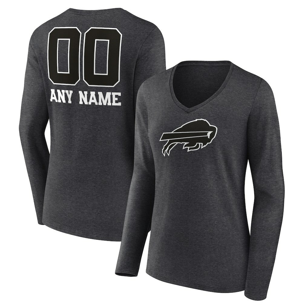 Buffalo Bills Women's Personalized Name & Number Monochrome V-neck T-Shirt - Charcoal for sale