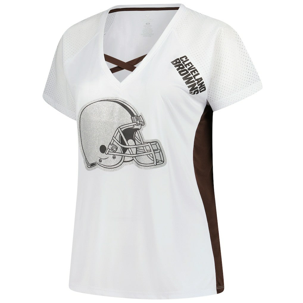 Cleveland Browns Women's Plus Size Glitter Lace-Up V- Neck T-Shirt - White outlet