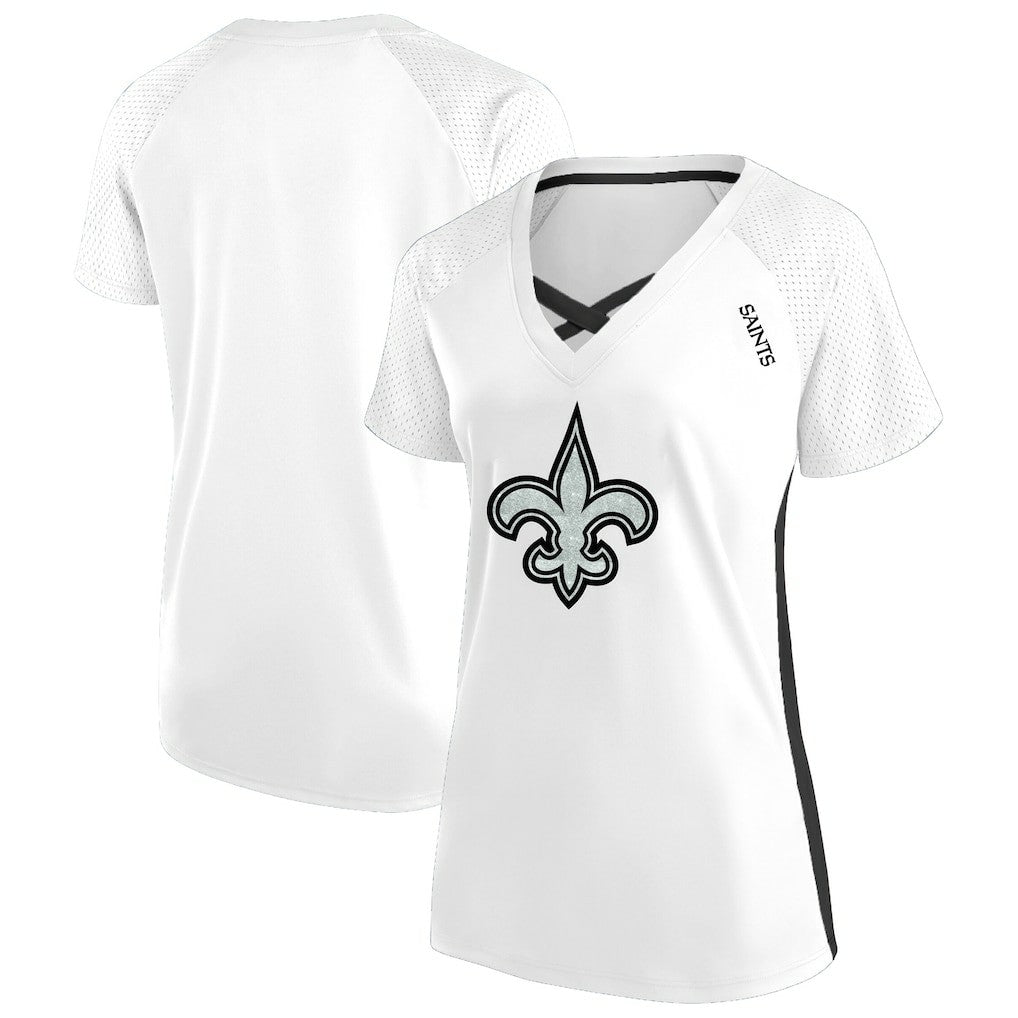 New Orleans Saints Women's Plus Size Glitter Lace-Up V- Neck T-Shirt - White outlet