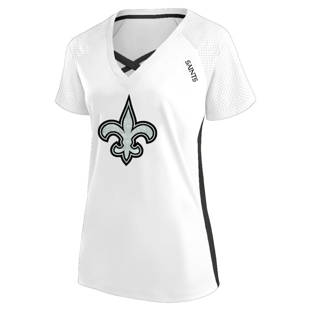 New Orleans Saints Women's Plus Size Glitter Lace-Up V- Neck T-Shirt - White outlet