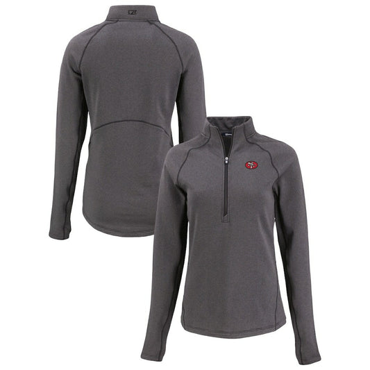San Francisco 49ers Cutter & Buck Women's Peshastin Eco Fleece Recycled Tri-Blend Raglan Half-Zip Jacket - Heather Black for sale