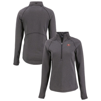 San Francisco 49ers Cutter & Buck Women's Peshastin Eco Fleece Recycled Tri-Blend Raglan Half-Zip Jacket - Heather Black on sale
