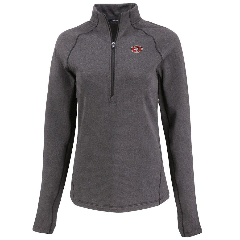 San Francisco 49ers Cutter & Buck Women's Peshastin Eco Fleece Recycled Tri-Blend Raglan Half-Zip Jacket - Heather Black on sale