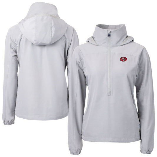 San Francisco 49ers Cutter & Buck Women's Charter Eco Recycled Half-Zip Hooded Anorak Jacket - Gray for sale