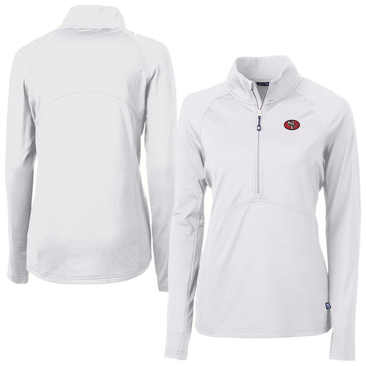 San Francisco 49ers Cutter & Buck Women's Adapt Eco Knit Stretch Recycled Raglan Half-Zip Top - White for sale