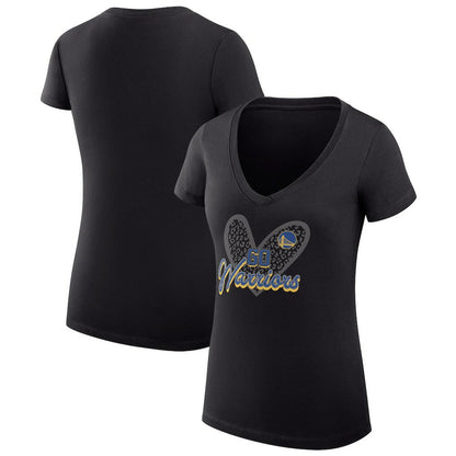 Golden State Warriors G-III 4Her by Carl Banks Women's Super-Slim Fit Lightweight Leopard Heart V-Neck T-Shirt sale - Black for sale