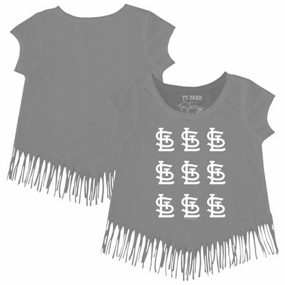 St. Louis Cardinals Tiny Turnip Girls Youth Logo Grid Fringe T-Shirt - Gray