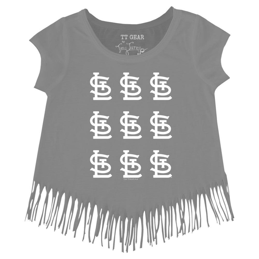 St. Louis Cardinals Tiny Turnip Girls Youth Logo Grid Fringe T-Shirt - Gray