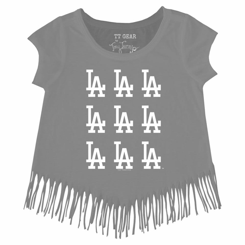Los Angeles Dodgers Tiny Turnip Girls Youth Logo Grid Fringe T-Shirt - Gray