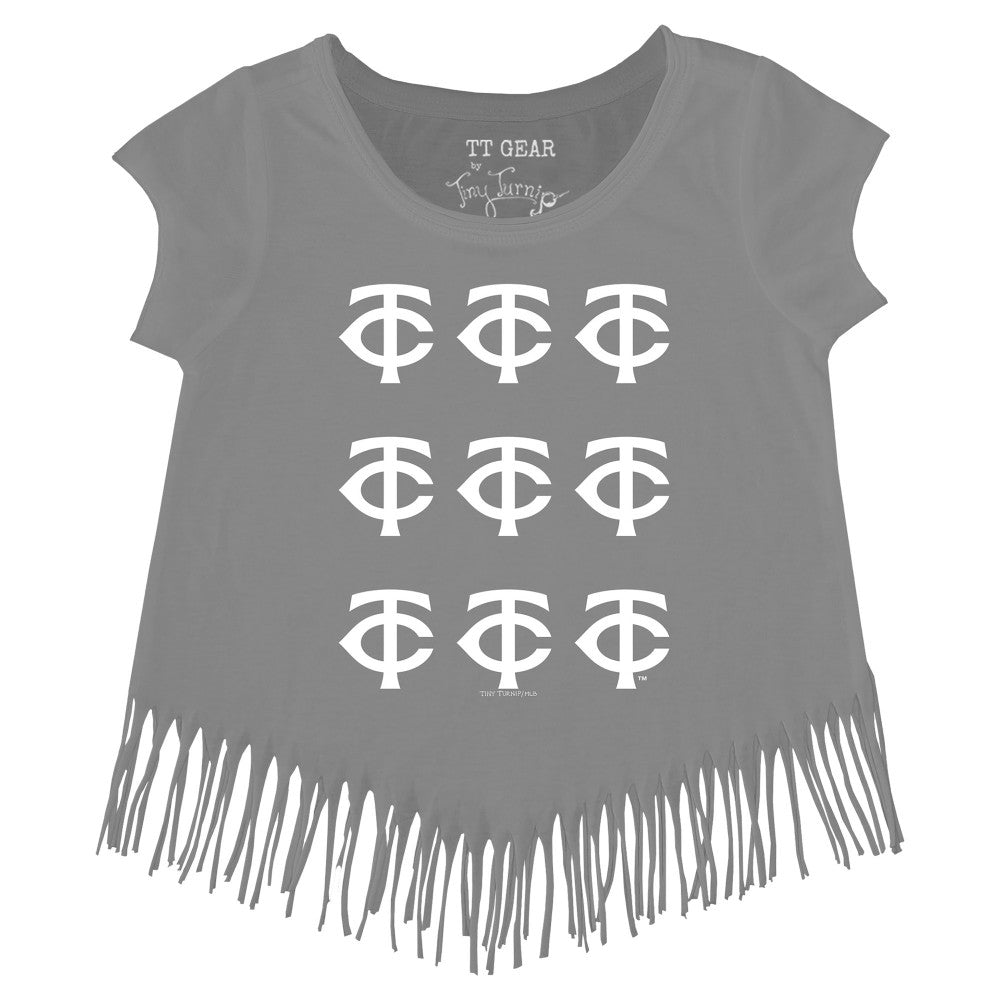 Minnesota Twins Tiny Turnip Girls Youth Logo Grid Fringe T-Shirt - Gray