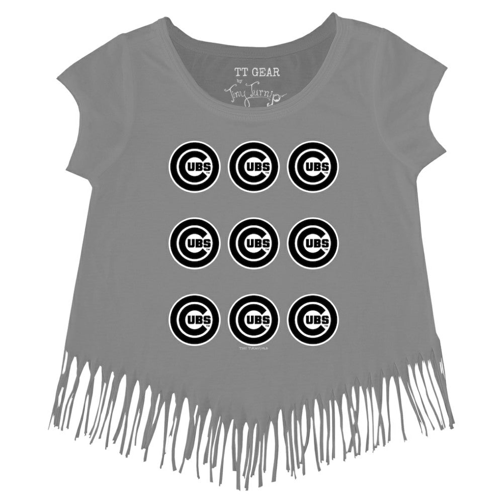 Chicago Cubs Tiny Turnip Girls Youth Logo Grid Fringe T-Shirt - Gray