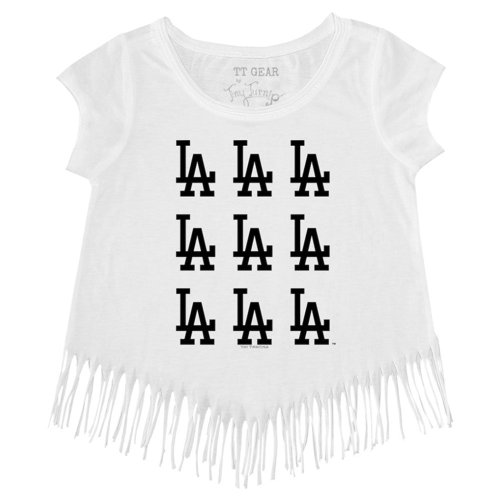 Los Angeles Dodgers Tiny Turnip Girls Youth Logo Grid Fringe T-Shirt - White